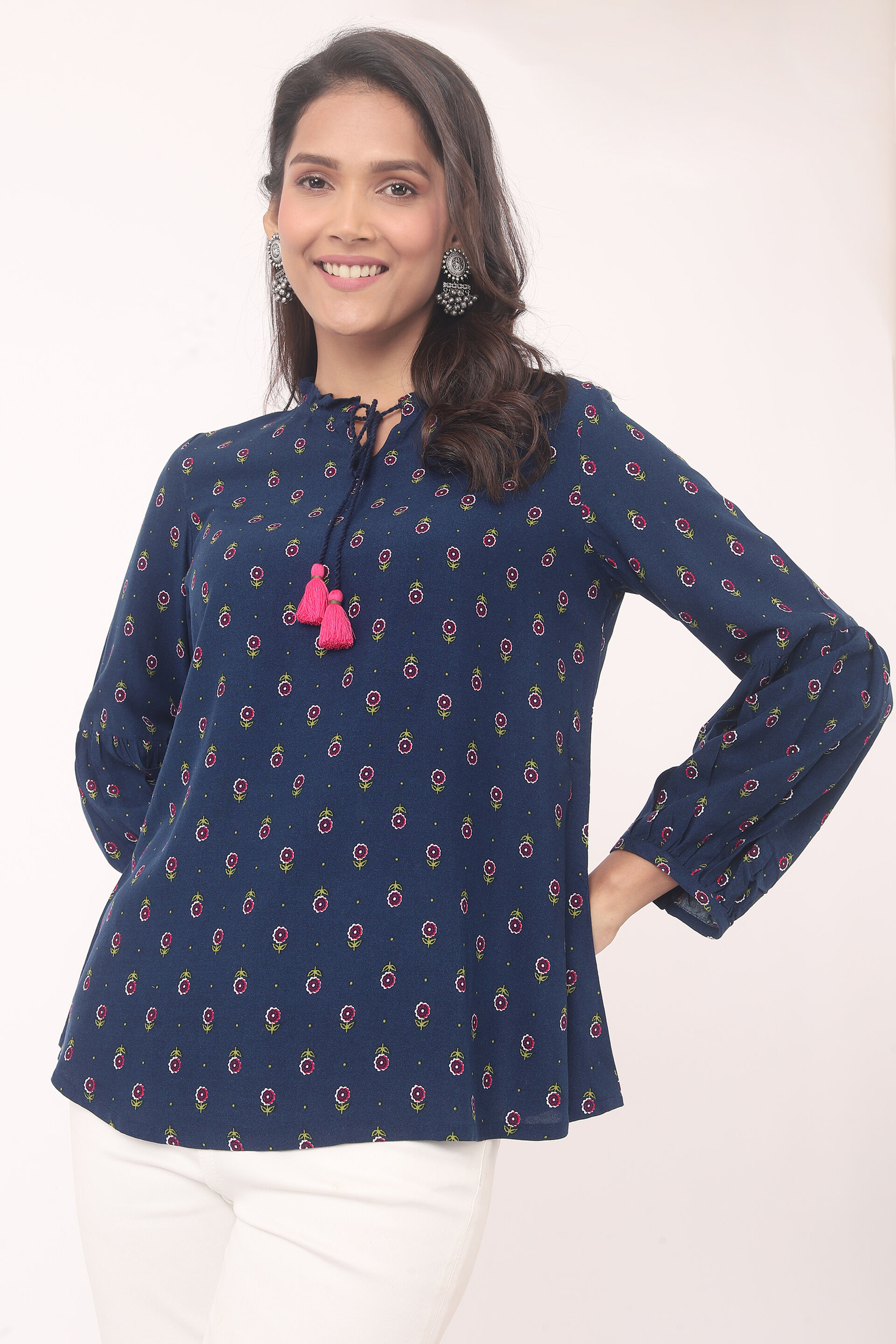 Blue Ethnic Motifs Curved Slip-On Top, Blue, image 4
